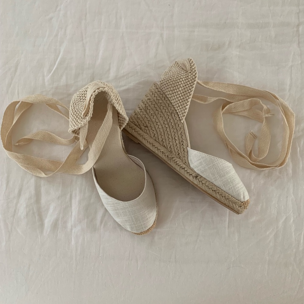 White linen espadrille wedges